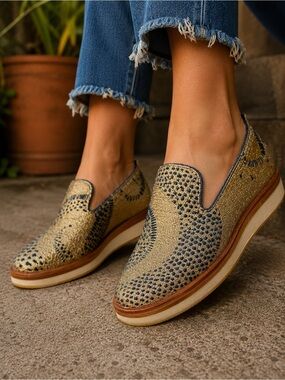 Free People Metallic Embroidered Slip On Platform Loafers 38 Gold Blue (7.5/8)